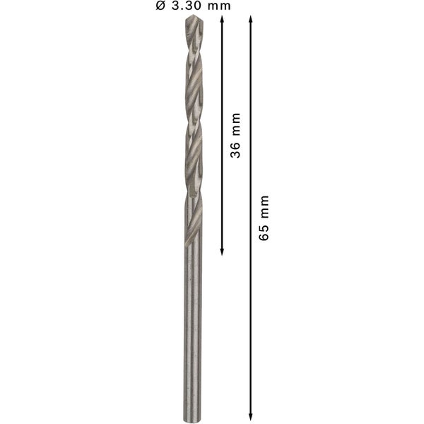 Metallbohrer mit den Massen 3,30 mm Durchmesser, 36 mm Länge der Bohrspitze und 65 mm Gesamtlänge
