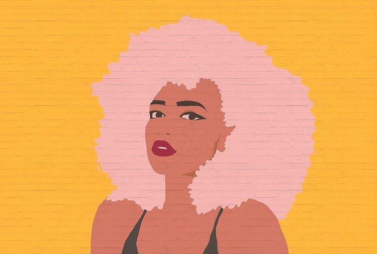 Modernes Wandbild mit Illustration einer Frau mit voluminösem Haar im Pop-Art-Stil auf Ziegelwand-Optik.
