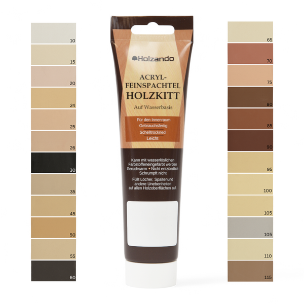 Holzando Acryl Feinspachtel Holzkitt Tube mit Farbbeispielen