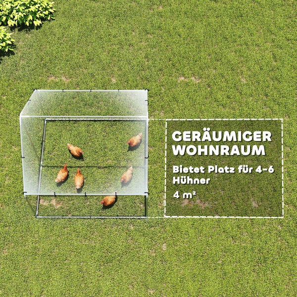 Draufsicht auf ein Hühnergehege auf Rasen. Das Gehege ist 4 Quadratmeter groß und bietet Platz für 4 bis 6 Hühner.