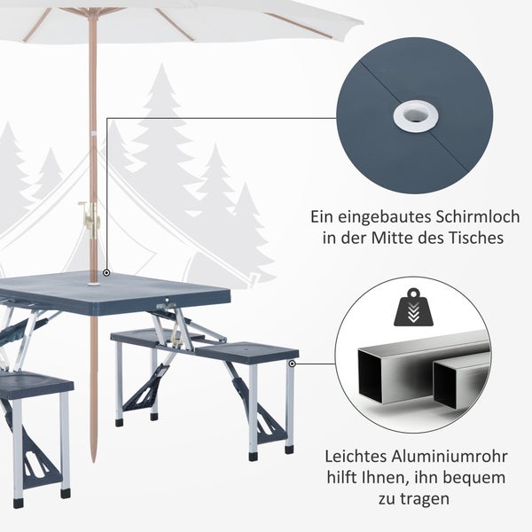 Outsunny Alu Campingtisch, Picknicktisch, mit 4 Sitzen, klappbar, L136 x B84,5 x H66 cm, Alu, Kunststoff, Dunkelgrau
