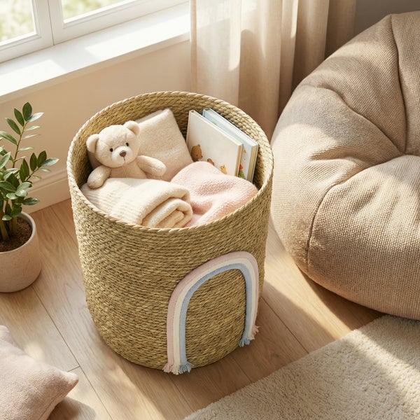 Geflochtener Aufbewahrungskorb aus Seegras mit Regenbogen-Motiv befüllt mit Teddybär und Büchern in einem hellen organisierten Kinderzimmer.