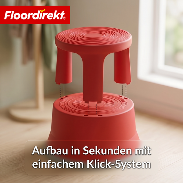Floordirekt Logo. Roter Kunststoffhocker mit einfachem Klicksystem für eine schnelle Montage von Sitzfläche und Basis.