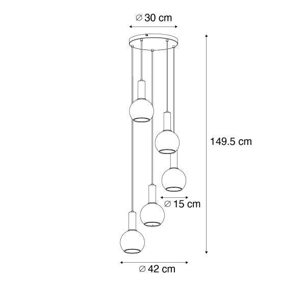 Technische Zeichnung der Pendelleuchte mit fünf Lampen, Durchmesser 30, 15 und 42 Zentimeter, Länge 149,5 Zentimeter