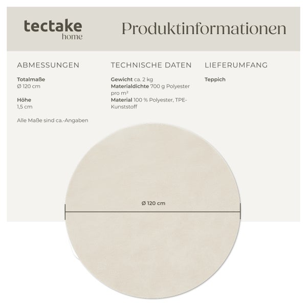 Kurzflorteppich tectake rutschfeste Unterseite verschiedene Größen und Farben Ø 120 cm