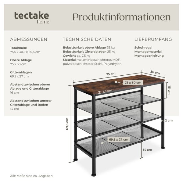 Produktinformationen: Schuhregal mit Maßen, technischen Daten und Lieferumfang von Tectake Home