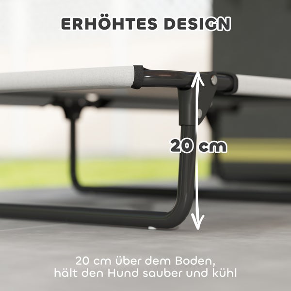 Detailansicht eines erhöhten Hundebetts mit 20 Zentimeter Abstand zum Boden.
