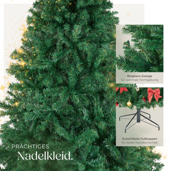 Künstlicher Weihnachtsbaum mit biegbaren Zweigen zur Formgebung und stabilem Ständer mit rutschfesten Fußkappen für sicheren Halt.