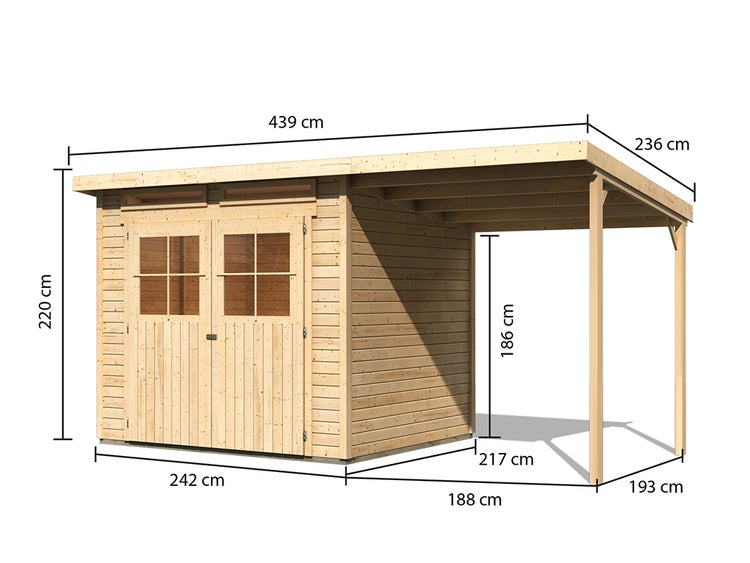 Gartenhaus aus Holz mit Anbaudach und Doppeltür. Maße: Breite 439 Zentimeter, Tiefe 236 Zentimeter, Höhe 220 Zentimeter.