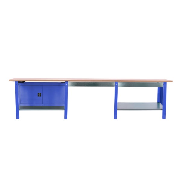 Werkbank BUFFALO WOOD mit 2x Schublade + Schrank| HxBxT 86,5x300x75cm | Traglast 1000kg | Blau