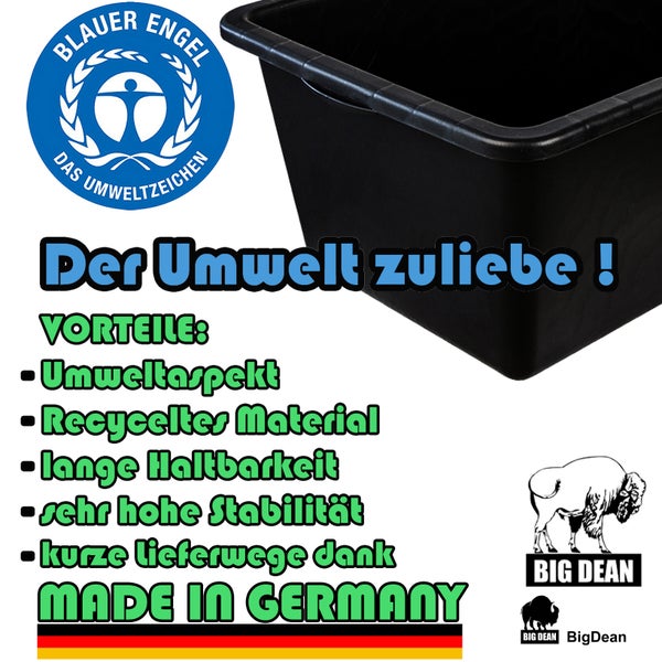 Schwarze Kunststoffwanne aus Recyclingmaterial mit dem Umweltzeichen Blauer Engel, Big Dean Logo und Made in Germany Kennzeichnung.