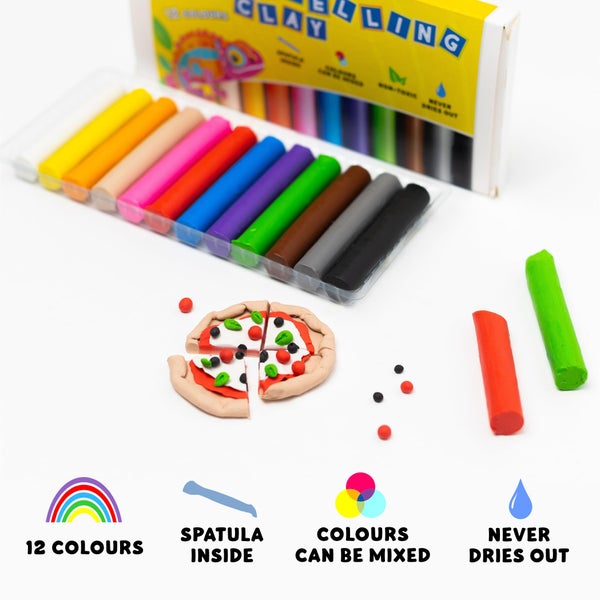 Modellierknete Set mit zwölf Farben inklusive Spachtel, mischbare Farben, trocknet nicht aus, mit einer kleinen Pizza aus Knete als Beispiel.