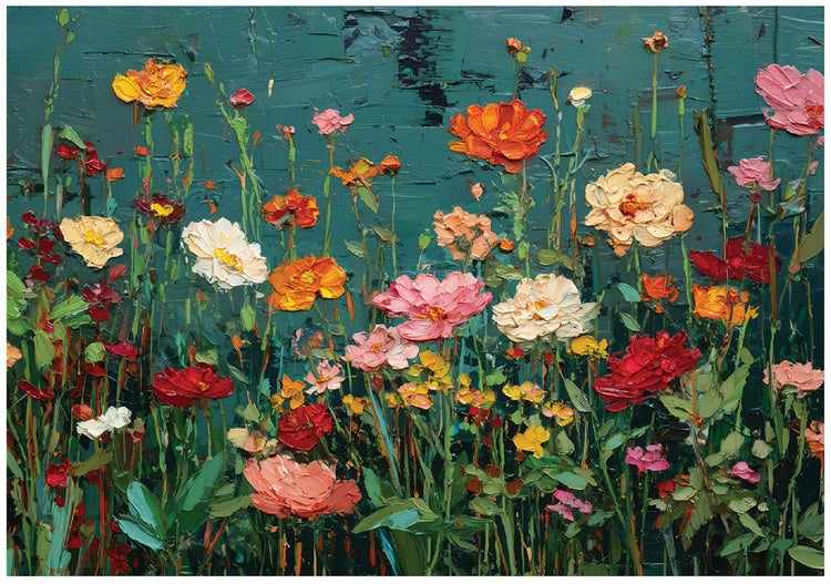 Ölgemälde mit einer Blumenwiese in einer strukturierten Malweise, mit diversen bunten Blüten vor einem dunklen Untergrund.