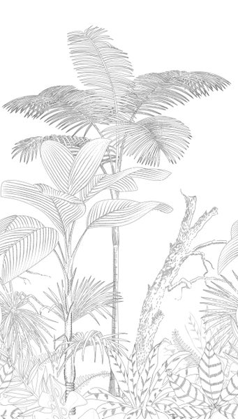 Illustration einer tropischen Szene mit Palmen und anderen Pflanzen