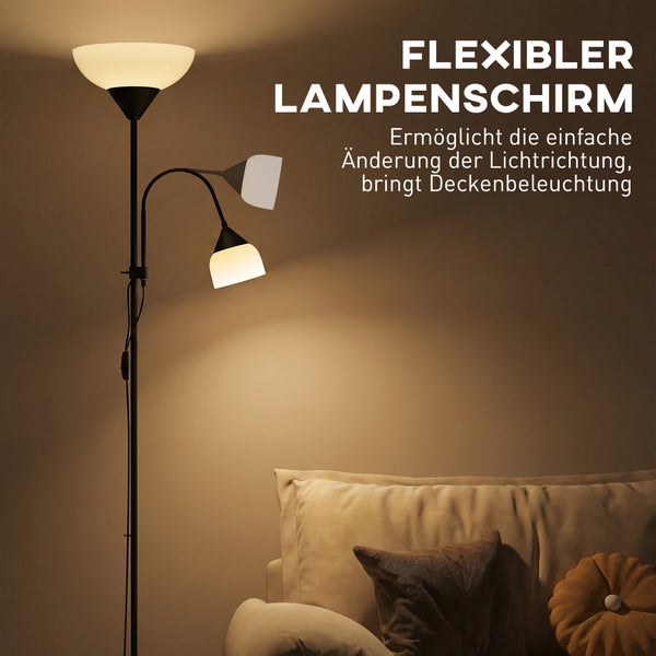 Stehleuchte mit Deckenfluter und flexiblem Leselicht neben einem Sofa, ermöglicht einfache Änderung der Lichtrichtung.
