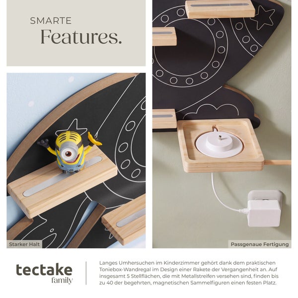 Wandregal für Toniebox im Raketendesign mit fünf Ablageflächen für Sammelfiguren aus Holz von tectake family.