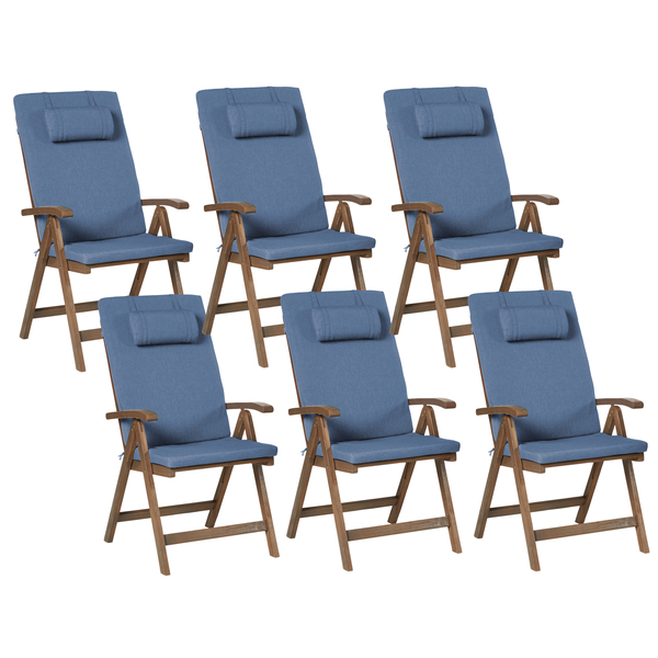Sechser-Set Gartenstühle aus Holz mit blauen Polstern und Kopfstützen, klappbare Hochlehner für den Außenbereich.