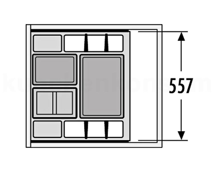 Technische Zeichnung eines Besteckkastens mit einer Breite von 557 Millimetern.
