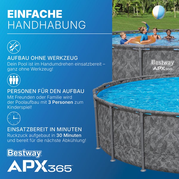 Bestway APX365 Pool in Steinoptik. Aufbau ohne Werkzeug in circa 30 Minuten mit 3 Personen. Bestway Logo.