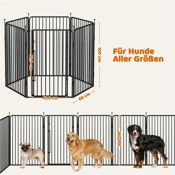 Schwarzes Hundegehege aus Metall mit Größenangaben und drei Hunden