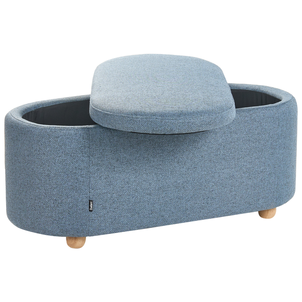 Blaue gepolsterte Sitztruhe mit ovalem Design, Stauraum und kleinen Füßen aus Holz.