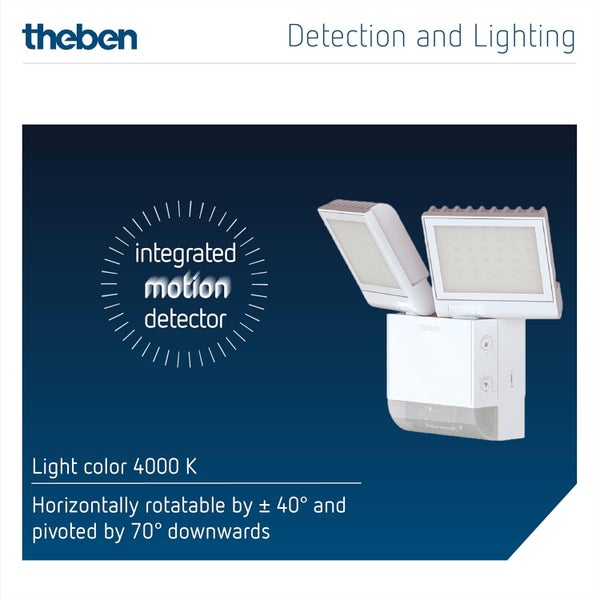 Theben 1020802 theLeda S17-100 WH LED-Strahler I integrierter Bewegungsmelder I weiß I 17 W I Wandmontage I Lichtfarbe 4000 K I Erfassungswinkel 180° I 10 m Reichweite I schwenkbar