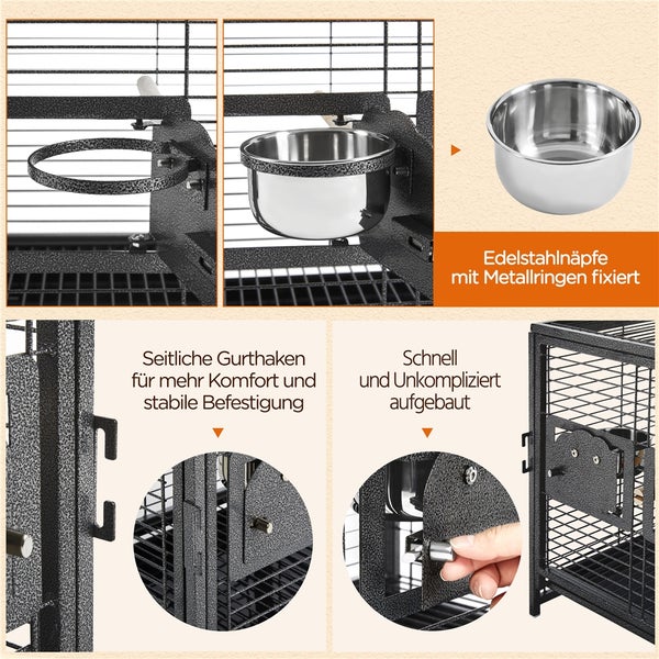 Detailansichten von Edelstahlnäpfen, Gurthaken und Aufbau einer Vogelvoliere