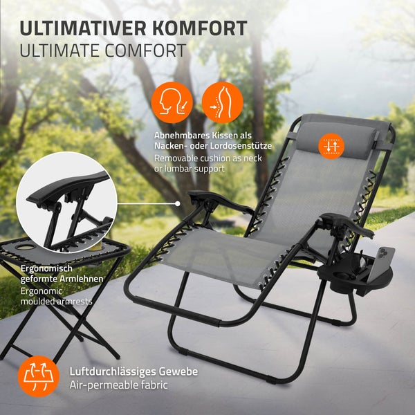 ML-Design 3-teiliges Sonnenliege Set klappbar, Gartenliege Set mit Tisch, Grau, Liegestuhl mit verstellbarem Kopfpolster & Rückenlehne, wetterfest/Outdoor, Relaxliege Gartenstuhl mit Getränkehalter