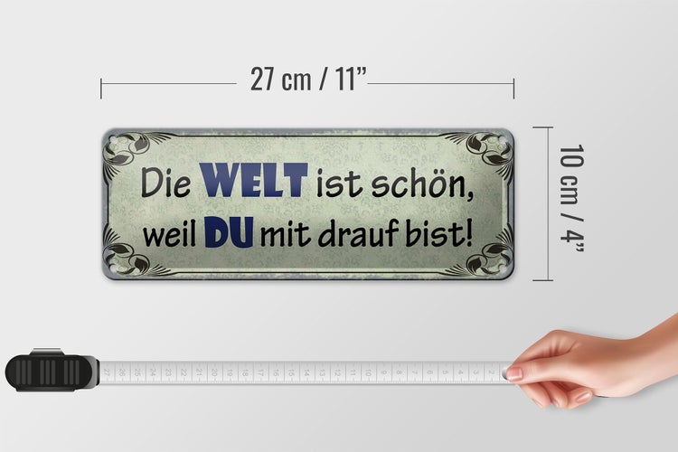 Blechschild Spruch 27x10cm die Welt schön weil Du mit drauf Dekoration