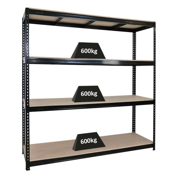 PROREGAL Profi Schwerlastregal Bison HxBxT 200 x 200 x 60 cm 4 Spanplatten-Ebenen 16mm Fachlast 600 kg Schwarz
