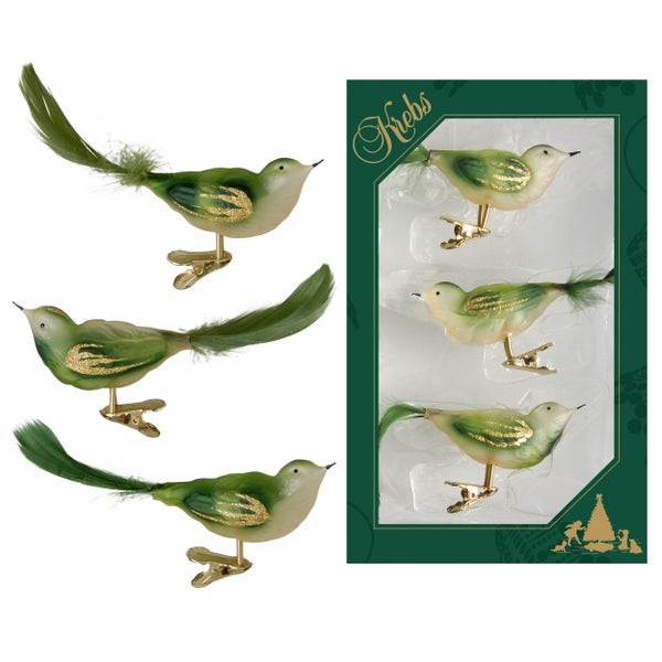 Grün/gold transparent 11cm Glasvögel auf Clip mit 6cm Federschwanz mundgeblasen und handdekoriert, 3 Stck.