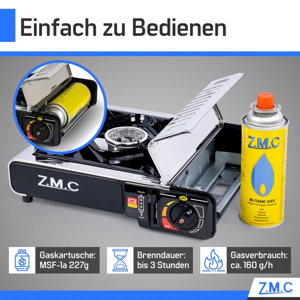 Z.M.C Edelstahl Campingkocher Gaskocher 1 Flammig + Aufbewahrungskoffer + 8x Gaskartuschen 227g für Indoor/Outdoor | Wärmeleistung: 2,2KW  Piezozündung Kartuschenkocher