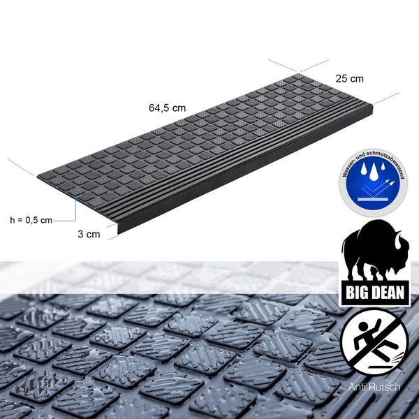 Schwarze Treppenstufe mit den Maßen 64,5 cm x 25 cm und den Symbolen wasserabweisend, schmutzabweisend, Anti Rutsch und Big Dean Logo.