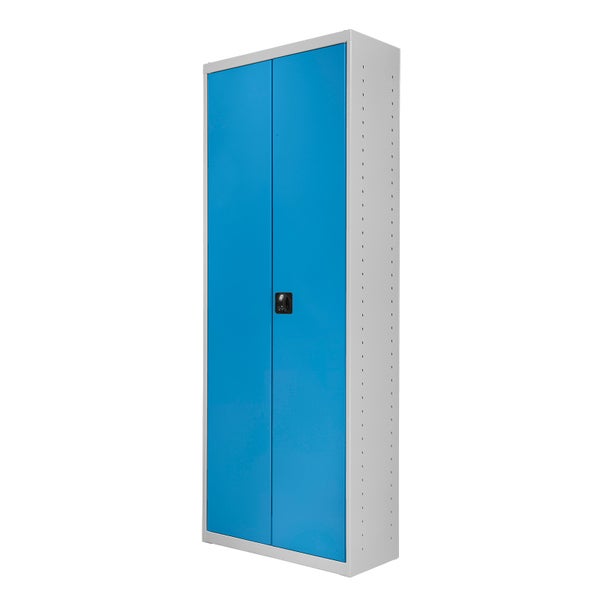 PROREGAL Flügeltürenschrank Owl mit 11 Fachböden + 48 Sichtlagerkästen | HxBxT 195x71x30cm | Lichtgrau/Lichtblau | Spind, Kleinteillager