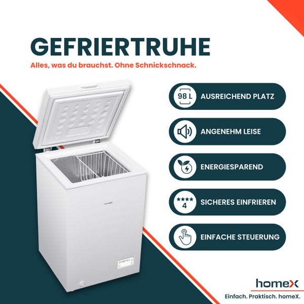 Geöffnete, weisse Gefriertruhe von HomeX mit Drahtkörben