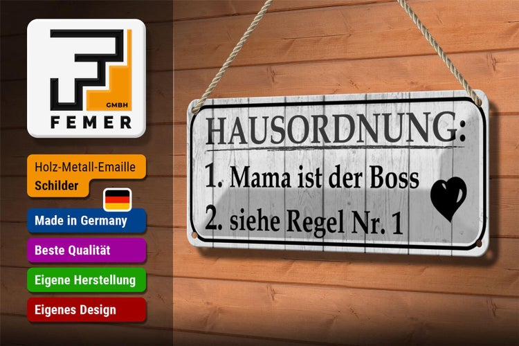 Blechschild Spruch 27x10cm Hausordnung Mama ist der Boss Dekoration