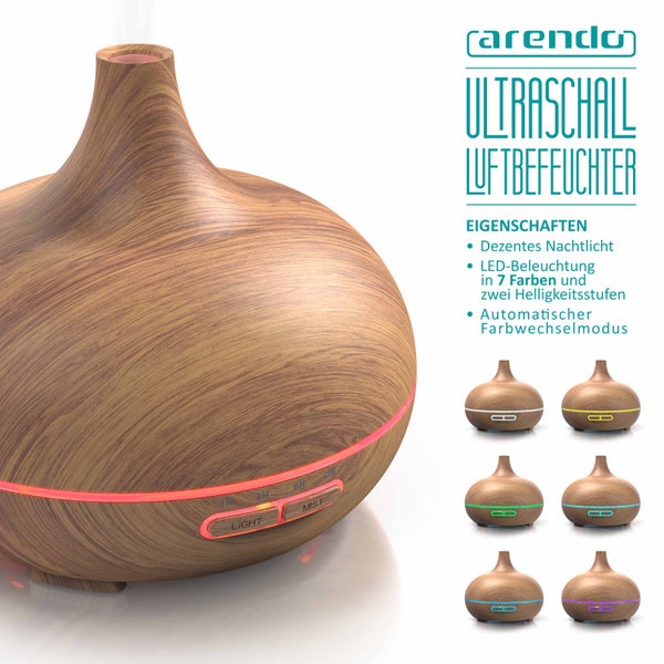 Arendo Aroma Diffuser, Luftbefeuchter, Vernebler in Holz Optik, Diffusor mit 7 Farben LED, Timer Funktion, 300ml, Hellbraun