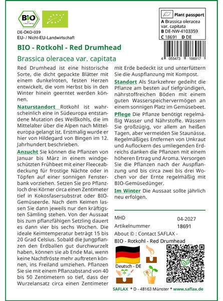 SAFLAX  - BIO - Rotkohl - Red Drumhead - Brassica oleracea var. capitata - 250 Samen