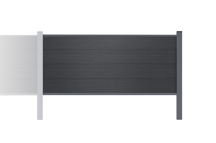 Sichtschutzzaun-Element aus WPC mit Holzmaserung in Anthrazit inklusive Pfosten.