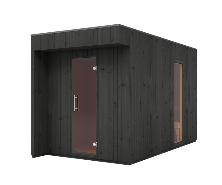 FinnTherm Saunahaus Siena Gartensauna 3 Sitzbänke aus Holz in Schwarz, Sauna mit 72 mm Wandstärke, Außensauna mit Montagematerial imprägniert