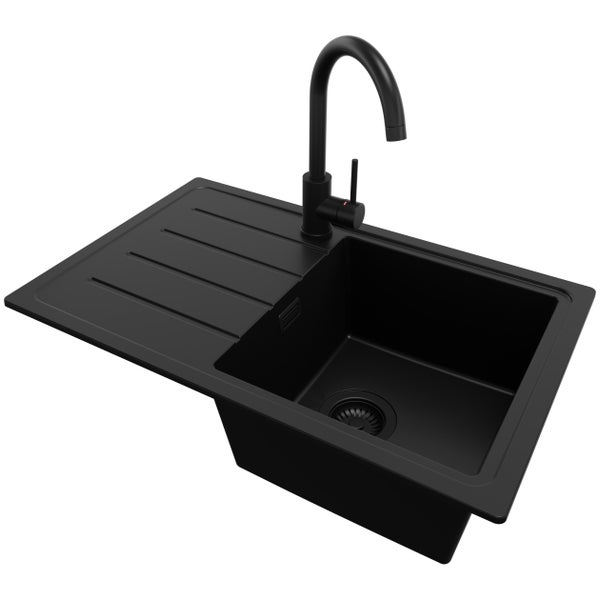 PRIMAGRAN Granitspüle Alles Schwarz 70x44cm, Spülbecken 1 Becken + Küchenarmatur 32x20cm + Ablauf-Set, Küchenspüle ab 45er Unterschrank - Kopenhagen Easy