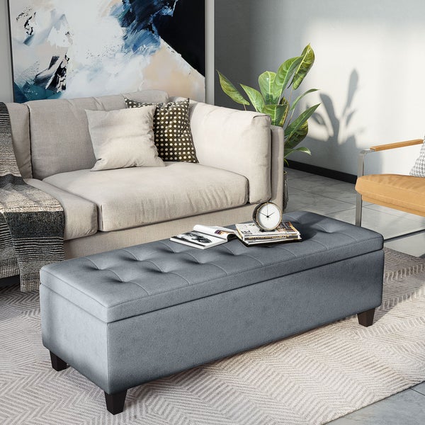HOMCOM Sitzbank, Polsterbank mit Stauraum, Bettbank mit Deckel, Leinenoptik, Truhenbank, Aufbewahrungsbank für Wohnzimmer, Schlafzimmer, Grau, 125 x 49 x 41,5 cm