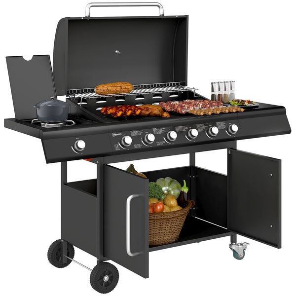 Outsunny Gasgrill 21,2 KW 6+1 Brenner BBQ Grillwagen aus Edelstahl inkl Rolle Seitenbrenner Thermometer Grillrost Kochfeld Seitentisch Gas-Grill für Balkon Camping 144,5 x 56 x 110cm