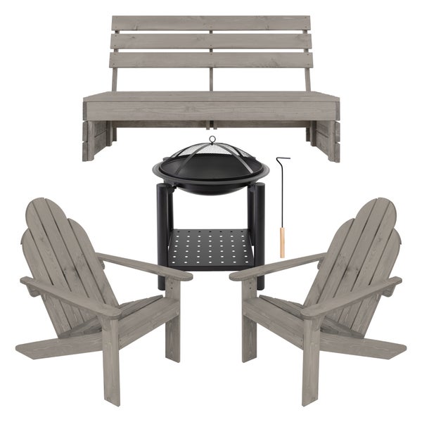 ECD Germany 4tlg. Gartenmöbel Set, Gartenbank 3-Sitzer mit 2x Adirondack Gartenstuhl und Feuerschale, Massivholz, Sitzbank mit Rückenlehne, Lounge Set mit Armlehnen, 2in1 Grill Feuerstelle Feuerkorb