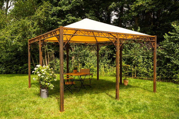 Pavillon ELEO Palermo 4 x 4 m unbeschichtet - Edelrost | mit Sonnensegel ecru