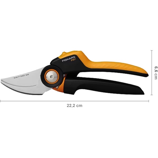 Schwarz-orange Fiskars Bypass-Gartenschere P961, Stahlklinge, Länge 22,2 Zentimeter, Höhe 6,6 Zentimeter, ergonomische Griffe.