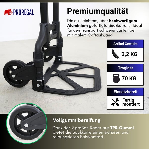 Nahaufnahme einer ProRegal Sackkarre aus Aluminium mit Vollgummibereifung, 3,2 Kilogramm Eigengewicht, 70 Kilogramm Traglast, fertig montiert.