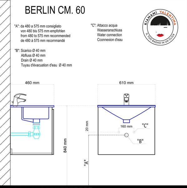 Zeichnung Waschtisch Berlin 60 mit Maßangaben