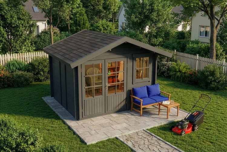 Dunkelgraues Gartenhaus aus Holz mit Satteldach, Doppeltür mit Glaseinsatz und Fenster auf einer Steinterrasse im Garten mit Sitzbank.