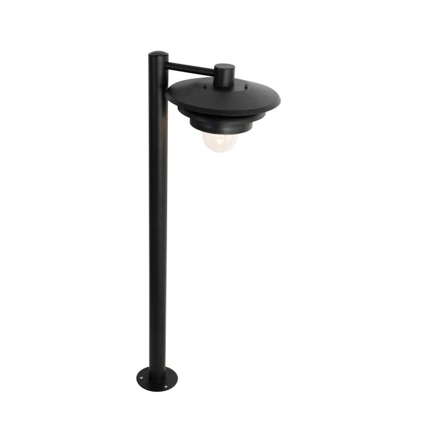Schwarze Wegeleuchte aus Metall mit rundem Schirm für den Außenbereich.